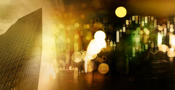 city building with stock market graph with wealthy golden blur light for business background