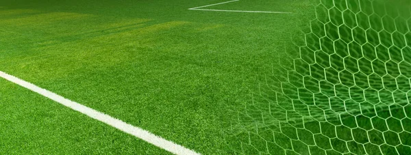artificial green grass football or soccer field with white net goal sport banner background
