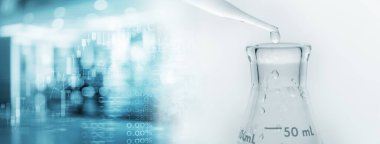 glass flask with water drop in chemistry science research lab white information banner background	