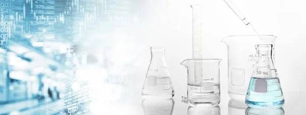 glass flask and beaker in soft information and blue light medical science laboratory blue information banner background