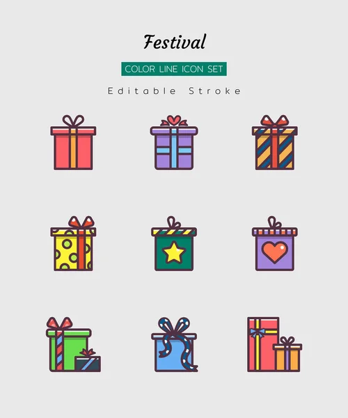 doldurulmuş renk çizgisi simgesi seti, festival kutlaması, noel, yeni yıl, mevcut kutu, izole düz vektör tasarımı, düzenlenebilir felç