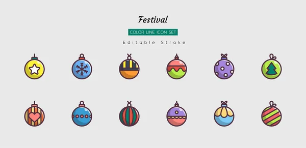 doldurulmuş renk çizgisi simgesi seti, festival kutlaması, Noel, yeni yıl, süslü balo, izole düz vektör tasarımı, düzenlenebilir felç