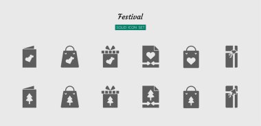 Katı simge seti, festival kutlaması, noel, yeni yıl, sevgililer günü, mevcut, izole düz siluet vektör tasarımı