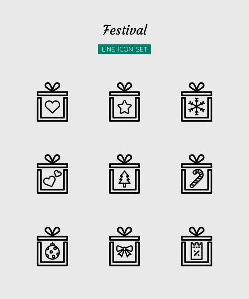 çizgi simgesi seti, festival kutlaması, noel, yeni yıl, mevcut kutu, izole düz çizgili vektör tasarımı