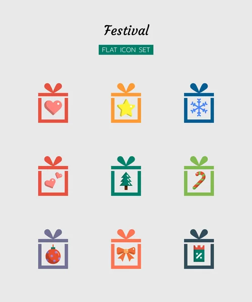 renk düz simge seti, festival kutlama konsepti, noel, yeni yıl, mevcut kutu, izole vektör tasarımı