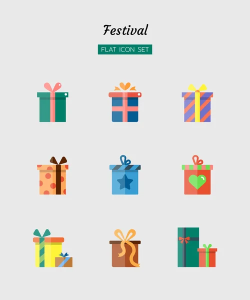renk düz simge seti, festival kutlama konsepti, noel, yeni yıl, mevcut kutu, izole vektör tasarımı