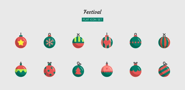 Farbe Flache Symbolset Festival Feier Konzept Weihnachten Neujahr Ball Isolierte lizenzfreie Stockillustrationen