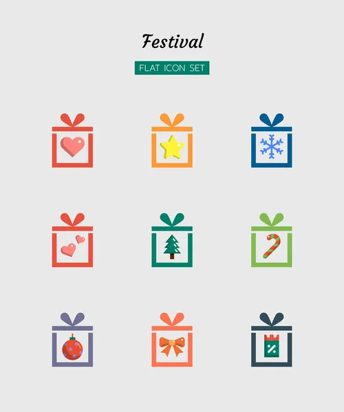 Farbe Flache Symbolset Festival Feier Konzept Weihnachten Neujahr Geschenk Box Stockillustration