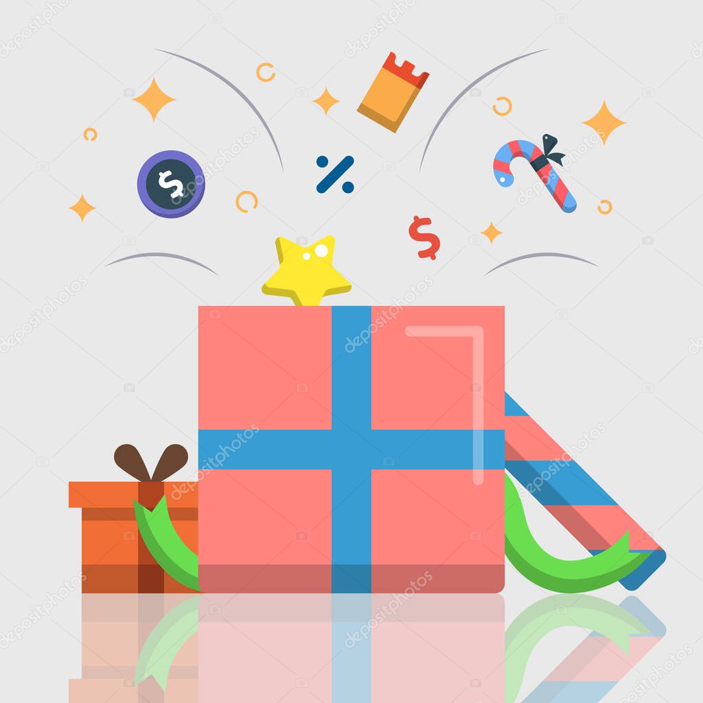 festival celebration set concept, christmas, new year, present box, color flat object, Isolated vector design