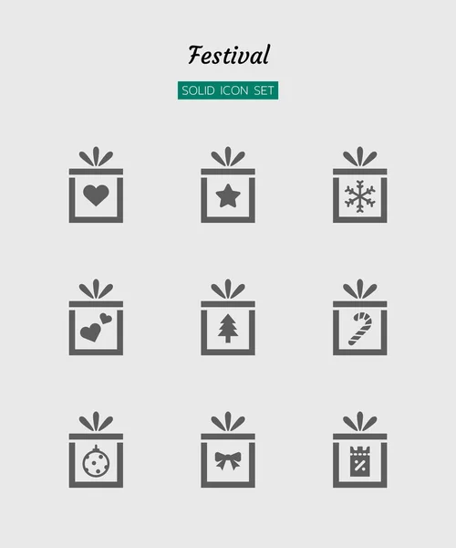Katı simge seti, festival kutlaması, Noel, yeni yıl, mevcut kutu, izole edilmiş düz siluet vektör tasarımı