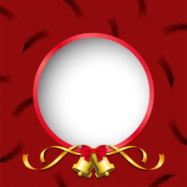 Festival kutlaması, mutlu noeller, mutlu yıllar, kırmızı daire çerçevesi, çan dekorasyonu, çam yaprağı arka planı, izole vektör tasarımı
