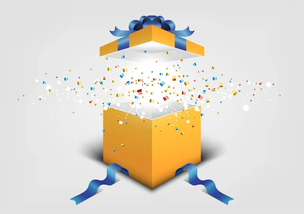 Premium festival kutlaması konsepti, açık sarı hediye kutusu, renkli kurdele, mutlu yıllar, doğum günü, izole vektör tasarımı