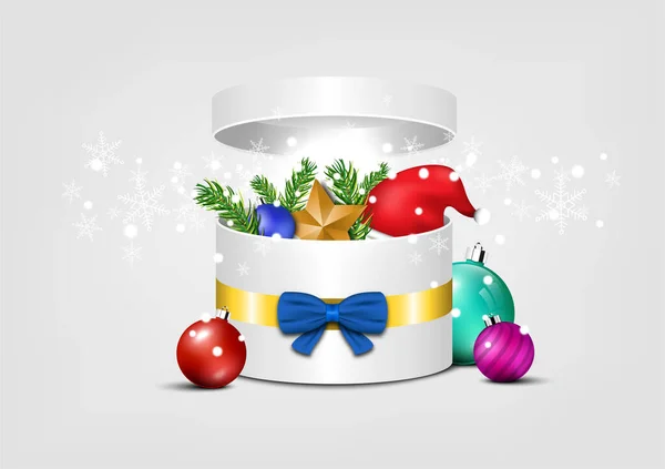 Premium festival kutlaması konsepti, açık beyaz daire hediye kutusu, kurdele, yıldız, Noel Baba şapkası, top, beyaz arka plan, mutlu noeller, mutlu yıllar, doğum günü, izole nesne tasarımı