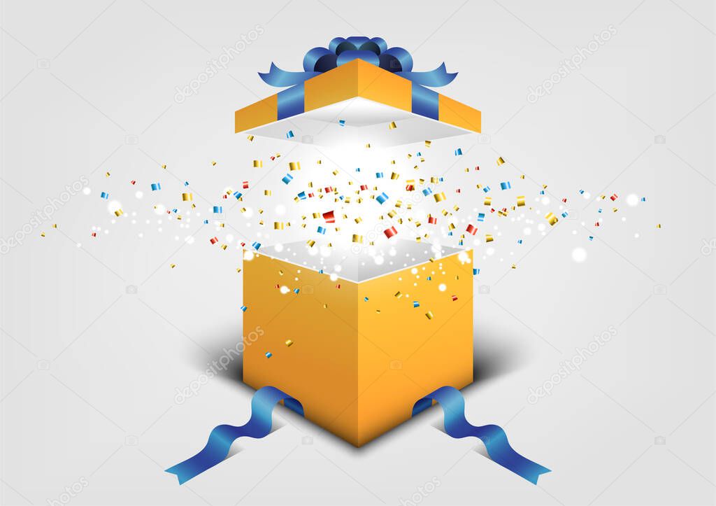 premium festival celebration concept, open yellow gift box, colorful ribbon, merry christmas, happy new year, birthday, Isolated vector design