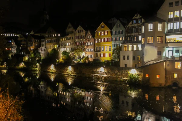 Tubingen Éjszaka Kilátás Színes Házak Folyón Híres Óváros Németországban Turisztikai — Stock Fotó
