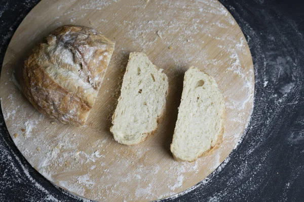 Traditional Wheat Bread Slices Flour Wooden Table Concept Baking Cooking — Stock Photo, Image