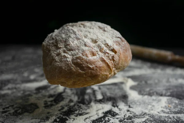 Bread Falling Flying Floury Black Table Concept Bakery Baking Cooking — Stock Photo, Image