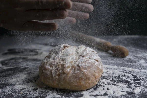 Baker Clap Hands Flour Splash Fresh Bread Bakery Concept Lifestyle — Stock Photo, Image