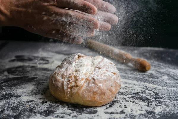 Baker Clap Hands Flour Splash Fresh Bread Bakery Concept Lifestyle — Stock Photo, Image