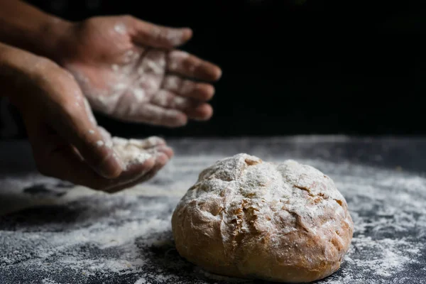 Bread Baking Concept Hands Flour Traditional Bread Floury Table Black — Stock Photo, Image