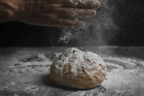 Baker Clap Hands Flour Splash Fresh Bread Bakery Concept Lifestyle — Stock Photo, Image