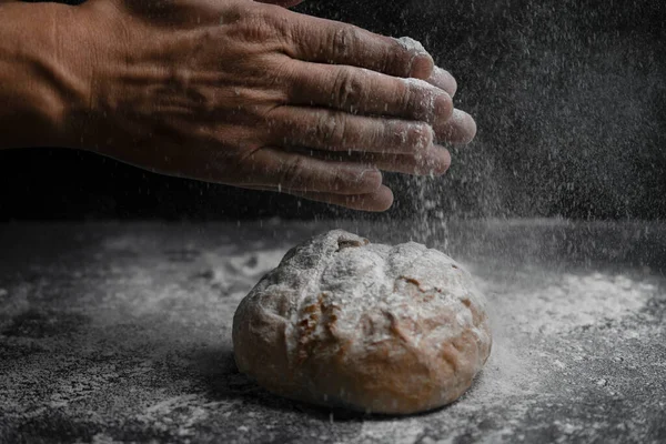 Baker Clap Hands Flour Splash Fresh Bread Bakery Cooking Concept — Stock Photo, Image