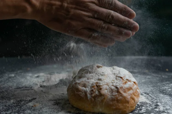 Chefs Hands Scattering Flour Splash Rustic Bread Concept Baking Cooking — Stock Photo, Image