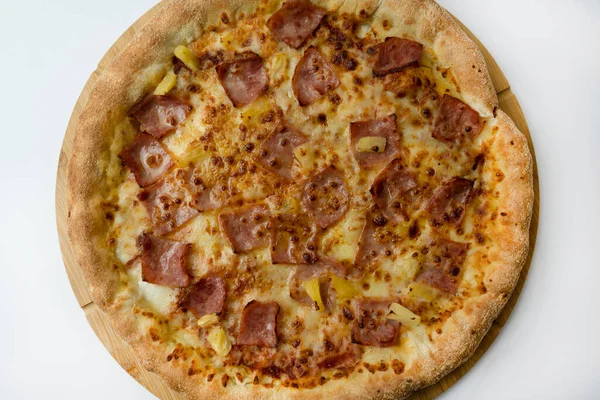 Tasty Hawaiian Pizza Top View Cheese Crispy Bacon Pineapple Wooden — стоковое фото