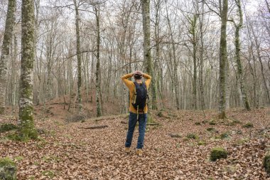 Sırt çantalı ve elleri kafasında ormanda yürüyen bir adam. Doğada kaybolmuş, tehlike, yalnız kavram. Açık havada depresyon ve yaşam tarzı..