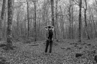 Sırt çantalı ve elleri kafasında ormanda yürüyen bir adam. Doğada kaybolmuş, tehlike, yalnız kavram. Açık havada yaşam tarzı ve depresyon..