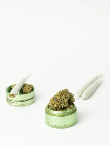 Closeup Vertical View Cannabis Marijuana Dry Nugs Rolled Joints Isolated — Stock Photo, Image