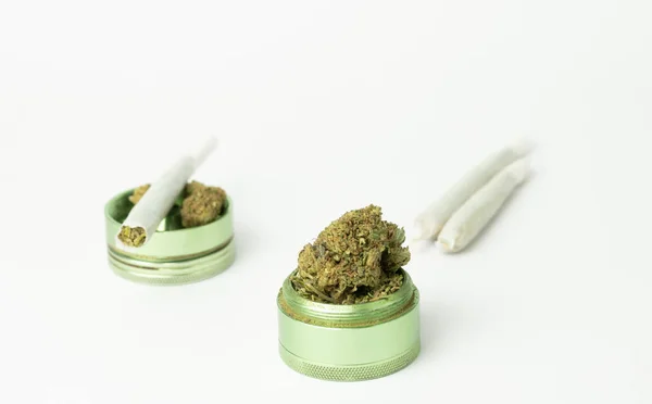 Closeup View Grinder Marijuana Buds Joints Isolated White Background Medical — Stock Photo, Image