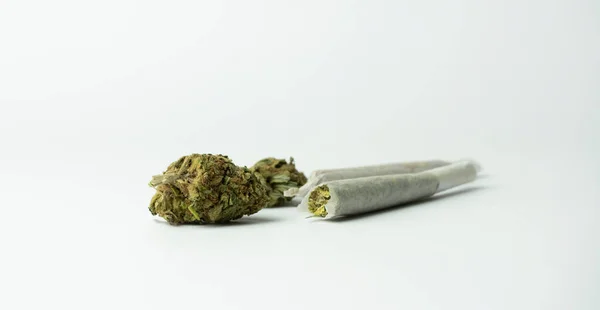 Macro Closeup View Marijuana Buds Cannabis Joints Isolated White Background — Stock Photo, Image
