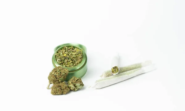 Buds Marijuana Grinder Crushed Weed Cannabis Rolled Joints White Background — Stock Photo, Image