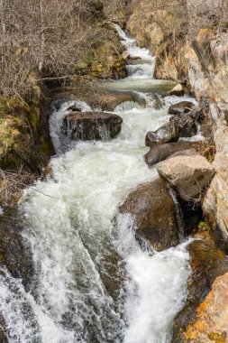 Kayalıkları ve şelalesi olan küçük bir dağ nehri. Doğa manzarası..