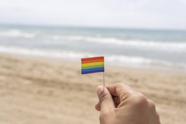 Kumsalda küçük bir gökkuşağı bayrağı tutan el. LGBTİ gay onur konsepti..