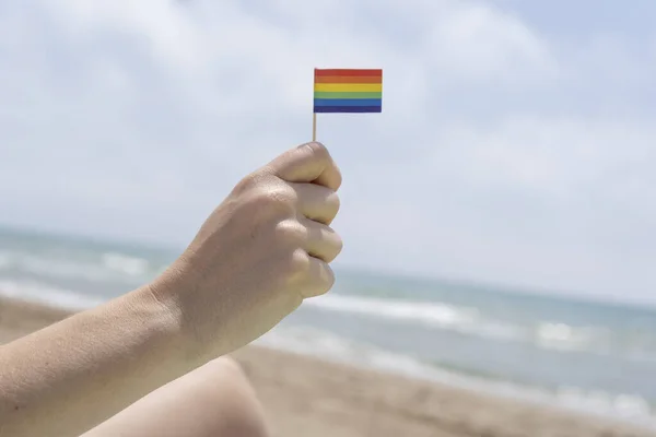 Mano Sosteniendo Una Pequeña Bandera Arco Iris Playa Concepto Orgullo — Foto de Stock