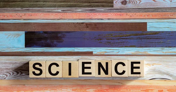 Ordet Science Skrivet Träklossar Och Färgad Bakgrund — Stockfoto