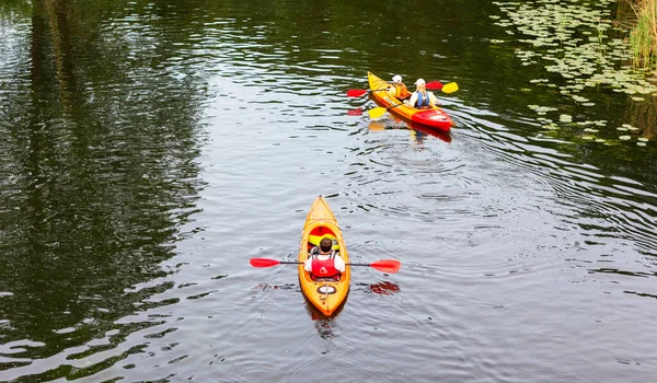 Les Athlètes Rament Sur Deux Kayaks Sur Rivière Vue Haut — Photo