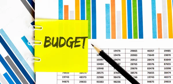 Yellow Sticker Text Budget Chart Pencil Can Used Business Financial — Stock Photo, Image