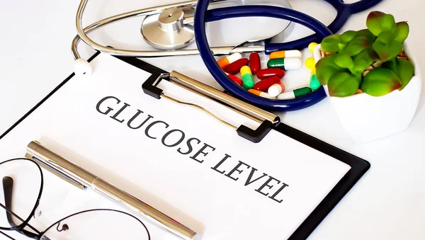 Glucose Level Text Background Medicaments Stethoscope — Φωτογραφία Αρχείου