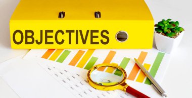 Grafikler, büyüteç ve kalem üzerinde OBJECTIVES metin içeren ofis dizini