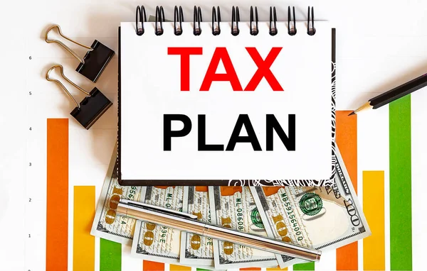 Plano Fiscal Escrito Caderno Caneta Conceito Tax — Fotografia de Stock