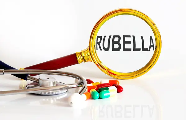 Tıbbi Araçlar Haplarla Rubella Metni Ile Büyüteç — Stok fotoğraf