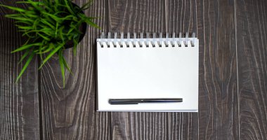blank notebook with pen on the wooden table, business concept