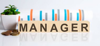 MANAGER word letters on wooden blocks with coins. BUSINESS concept.
