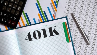 Hesap makinesi, çizelge, not defteri, kağıt ve kalem masaya. Metin 401k