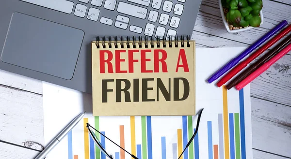 Refer Friend Written Notepad Office Tools Business Concept — Stock Photo, Image