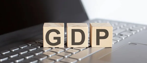Gdp Abbreviation Stands Written Wooden Cube Laptop — Stock Photo, Image