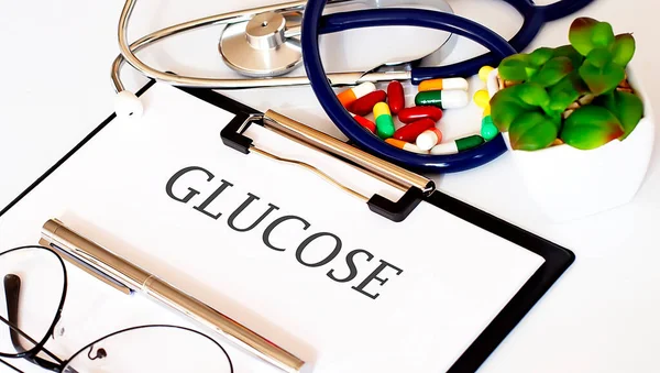 Glucose Κείμενο Ιστορικό Των Φαρμάκων Στηθοσκόπιο — Φωτογραφία Αρχείου